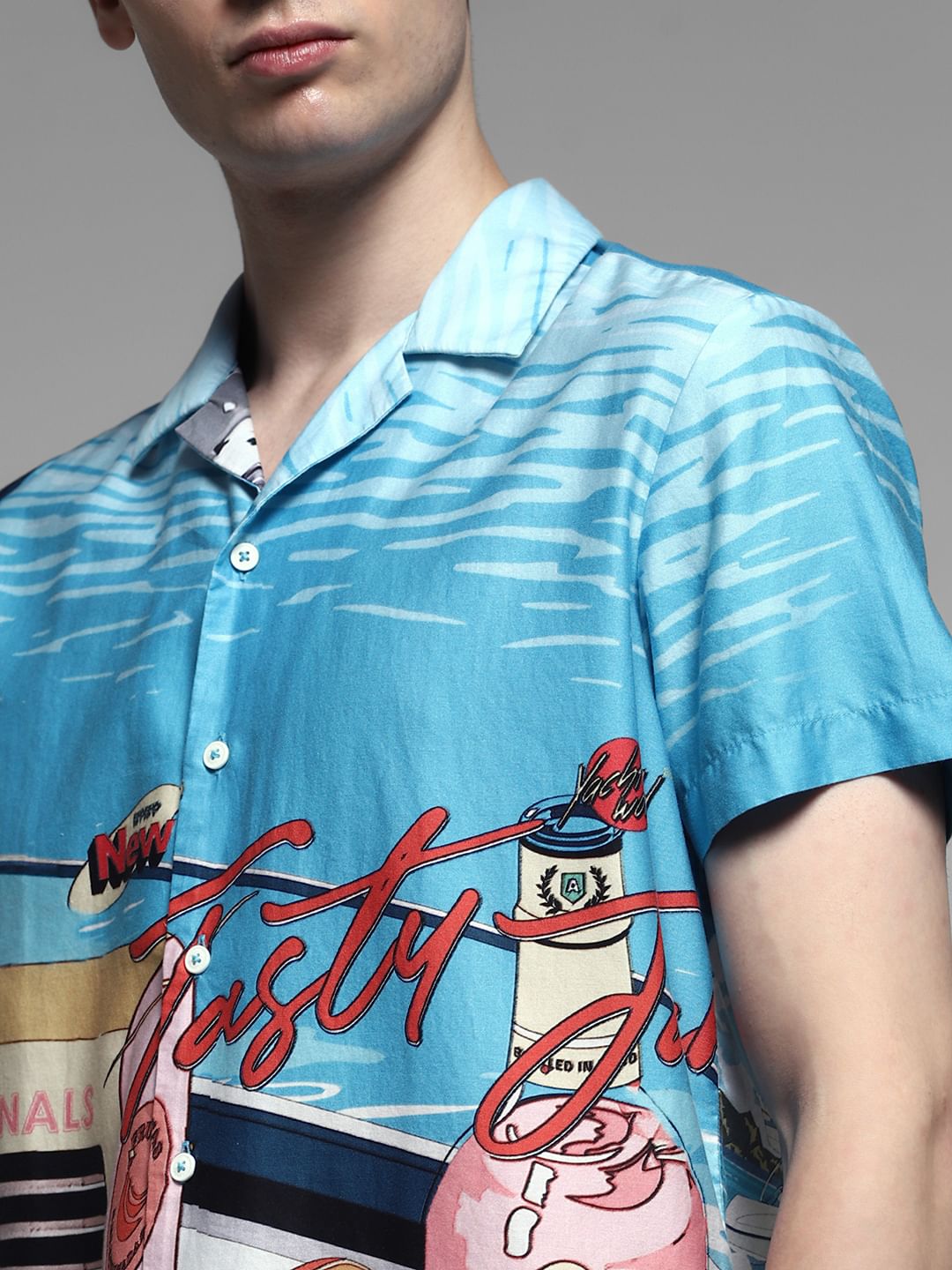 Blue Printed Cuban Collar Shirt