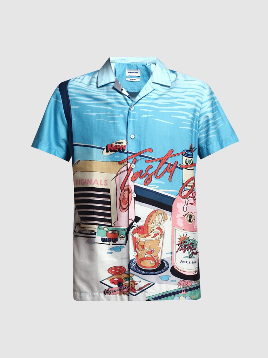 Blue Printed Cuban Collar Shirt