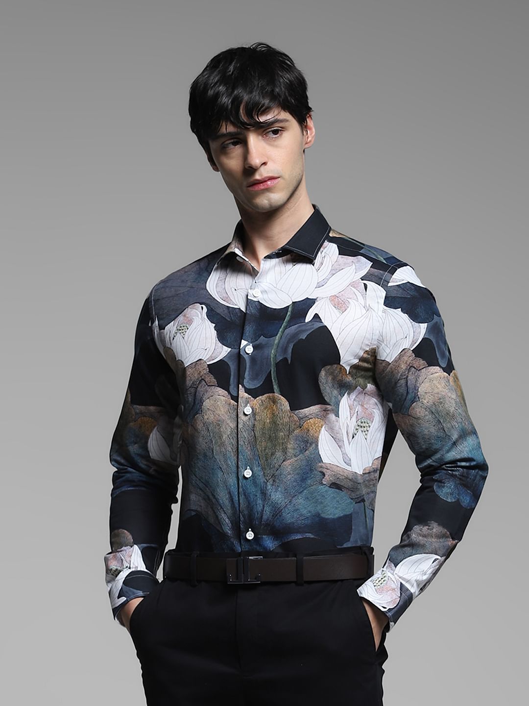 Grey Printed Linen Shirt