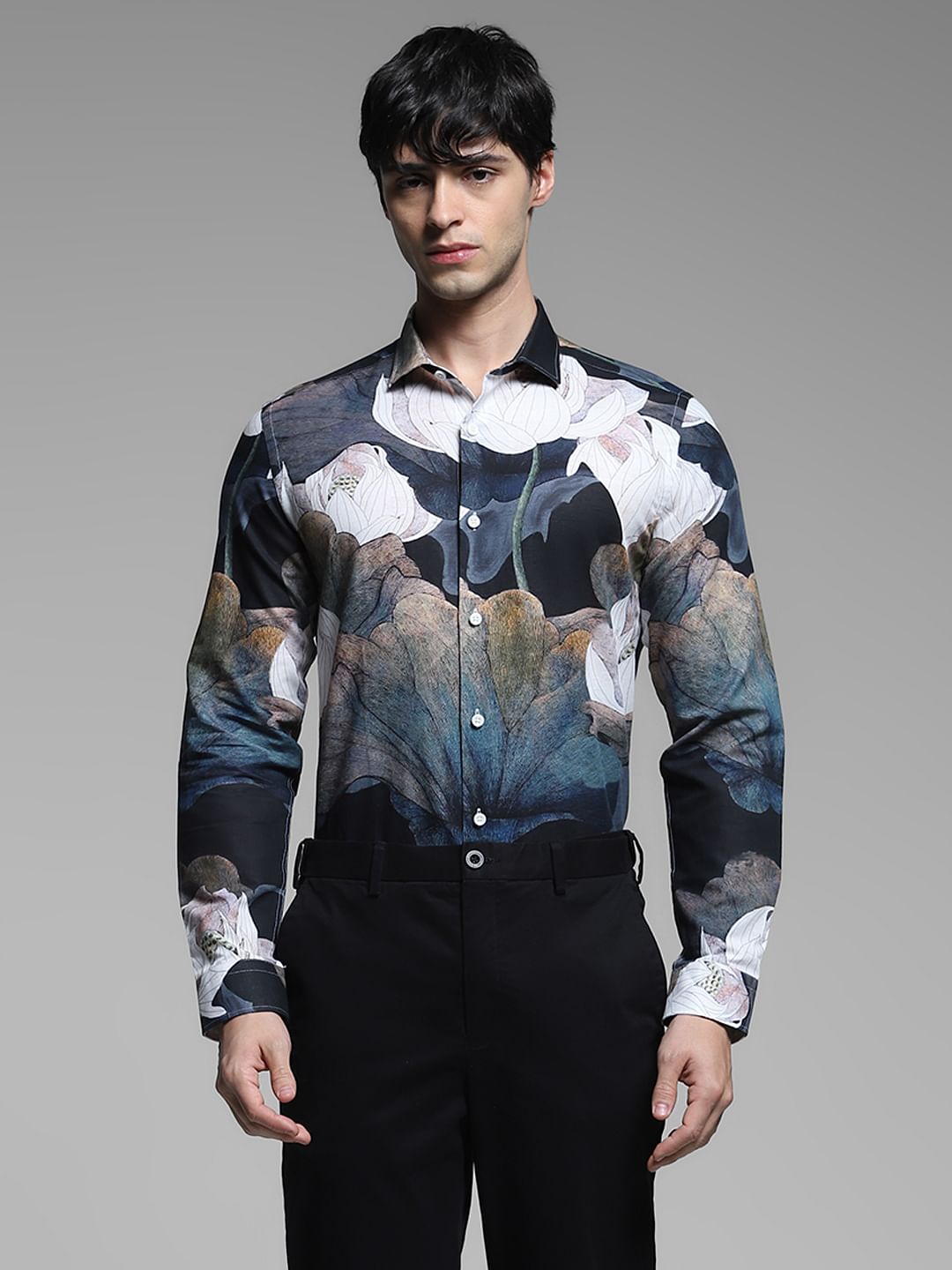 Grey Printed Linen Shirt