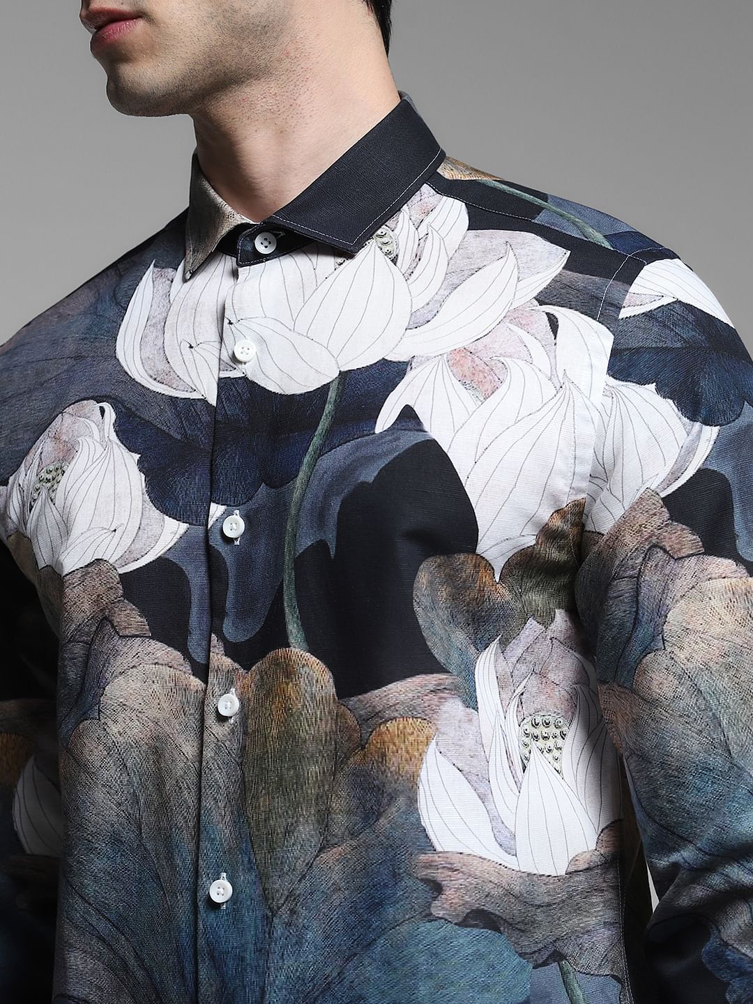 Grey Printed Linen Shirt