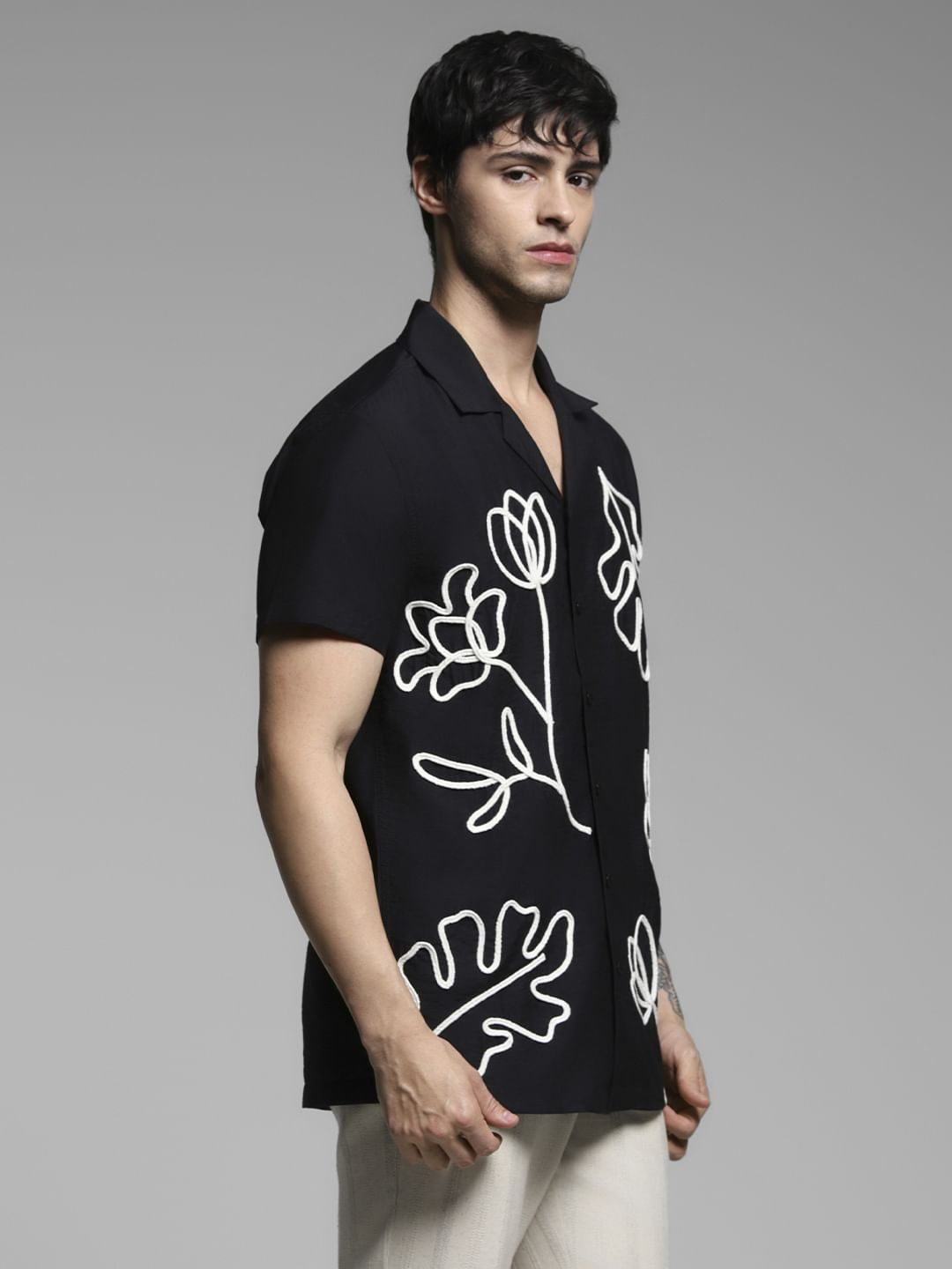 Black Embroidered Print Shirt