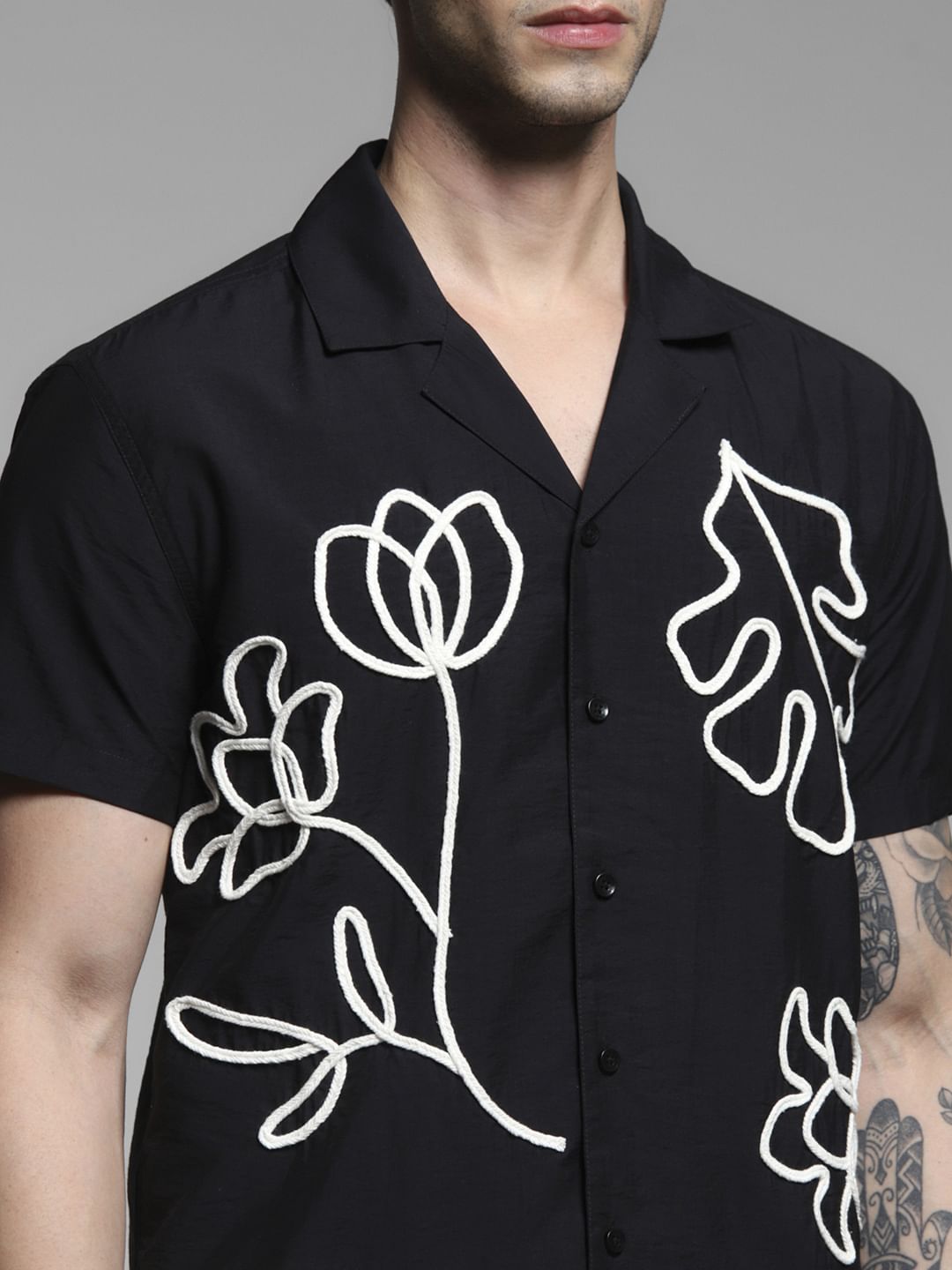 Black Embroidered Print Shirt