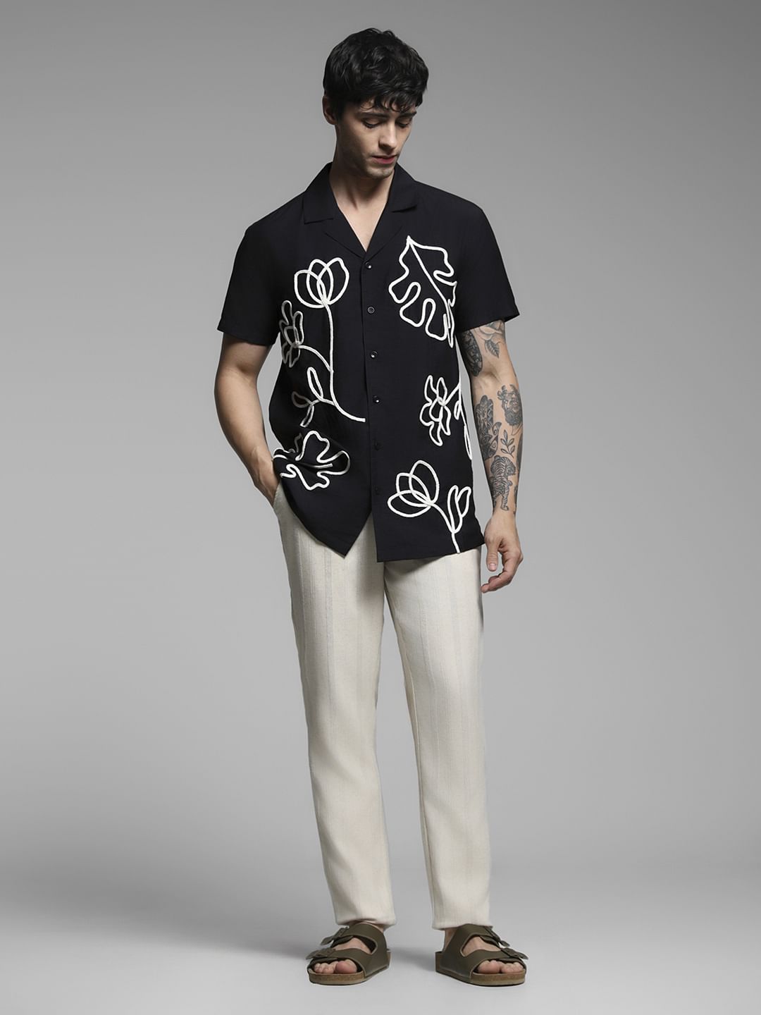Black Embroidered Print Shirt