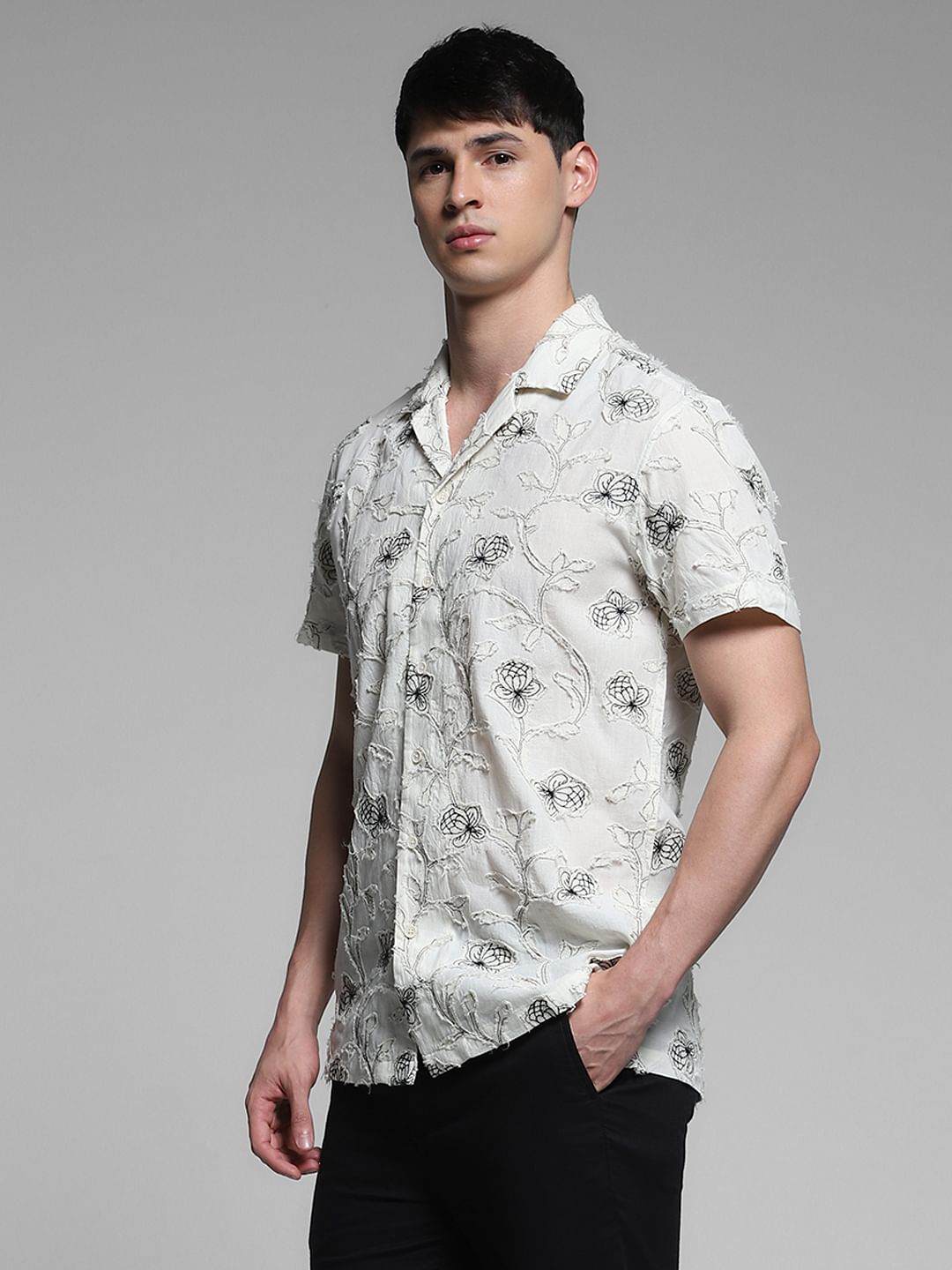 Cream Embroidered Comfort Fit Shirt