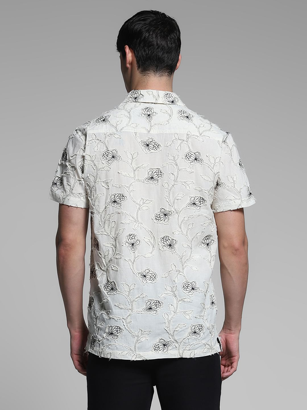 Cream Embroidered Comfort Fit Shirt