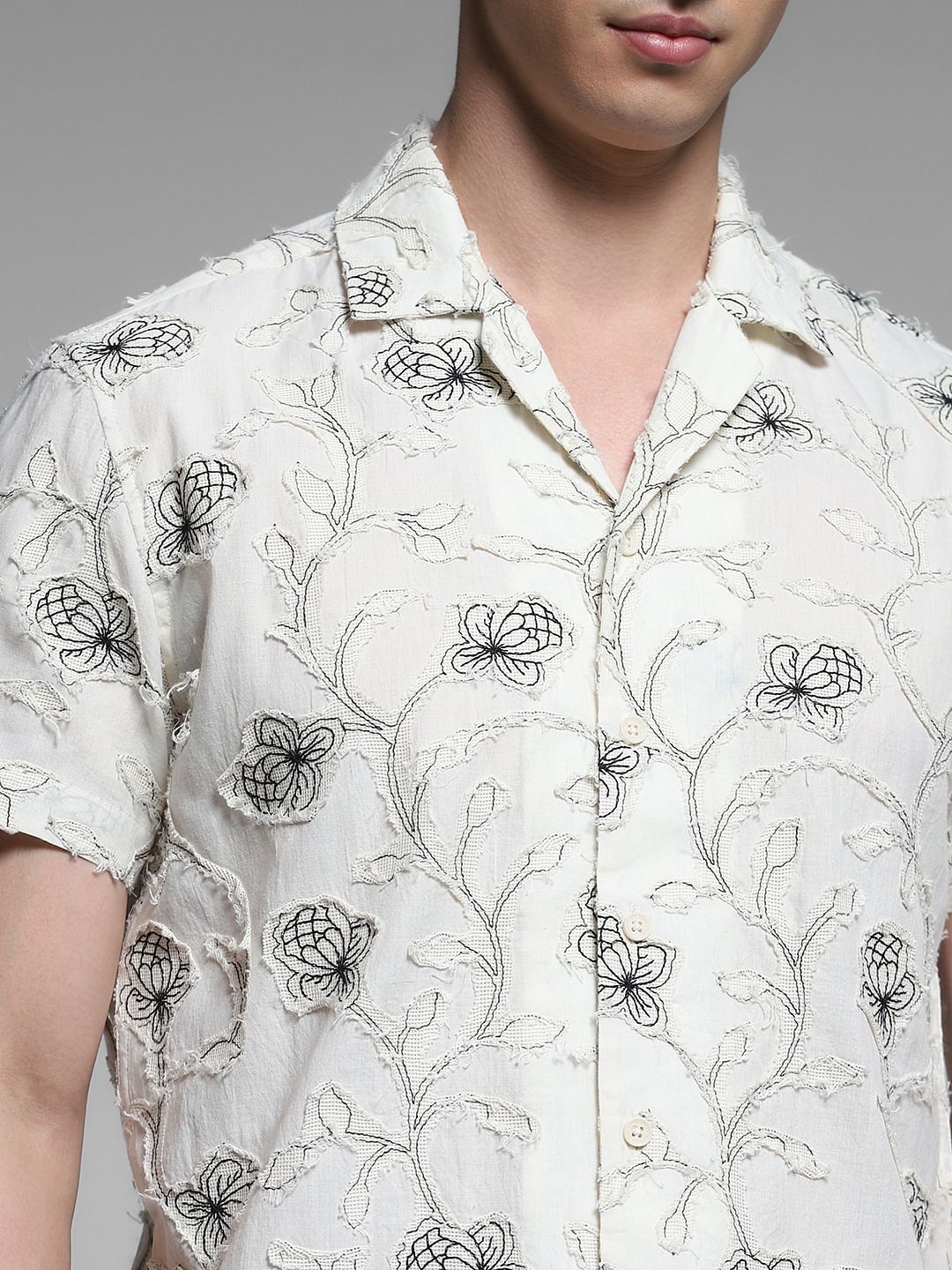 Cream Embroidered Comfort Fit Shirt