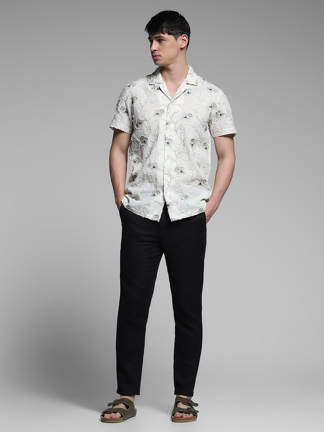 Cream Embroidered Comfort Fit Shirt