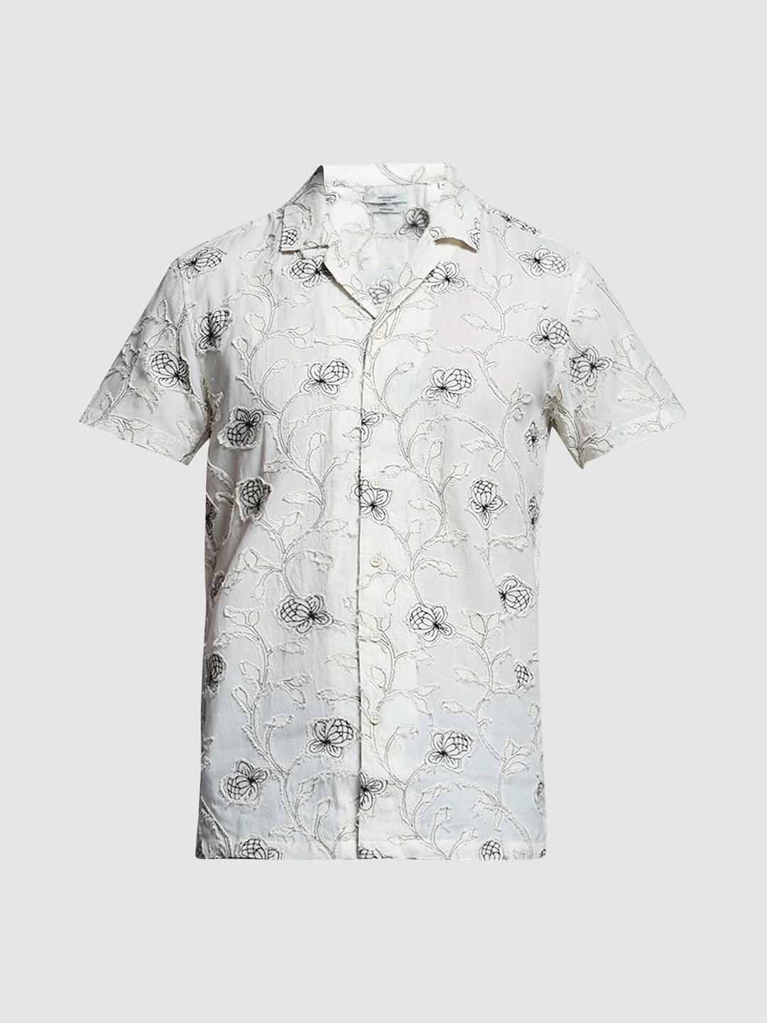 Cream Embroidered Comfort Fit Shirt