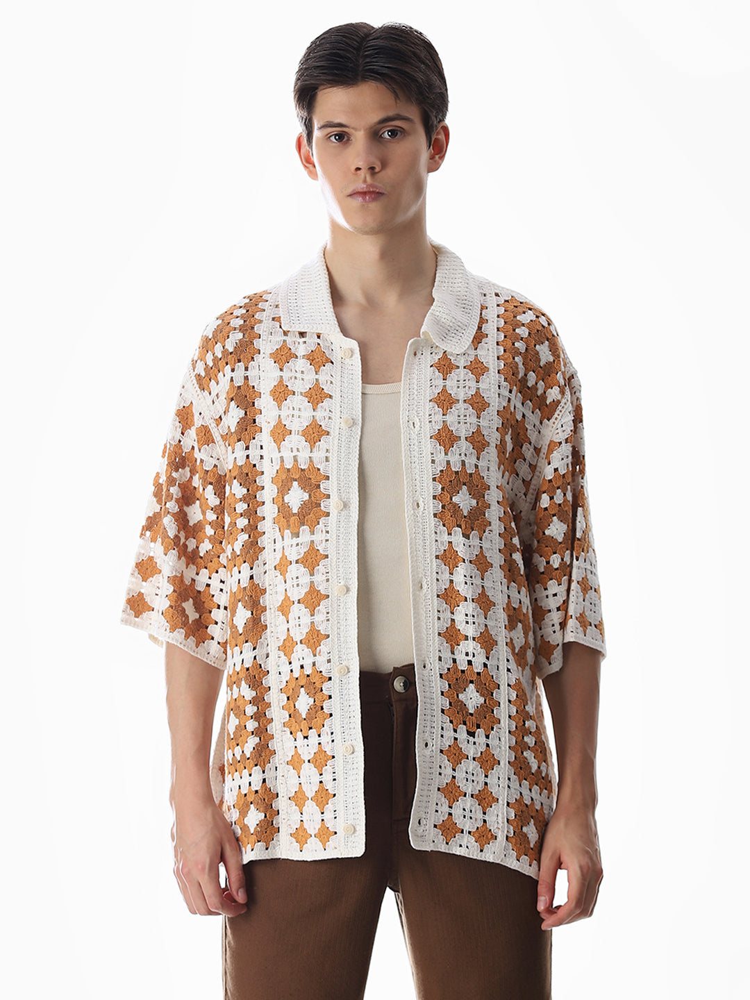 Beige Crochet Oversized Shirt