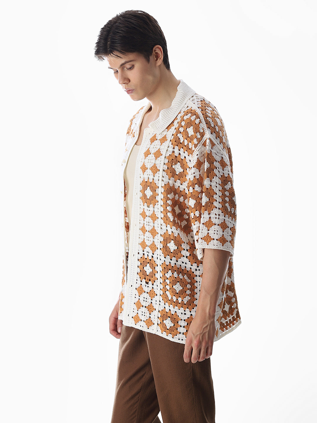 Beige Crochet Oversized Shirt