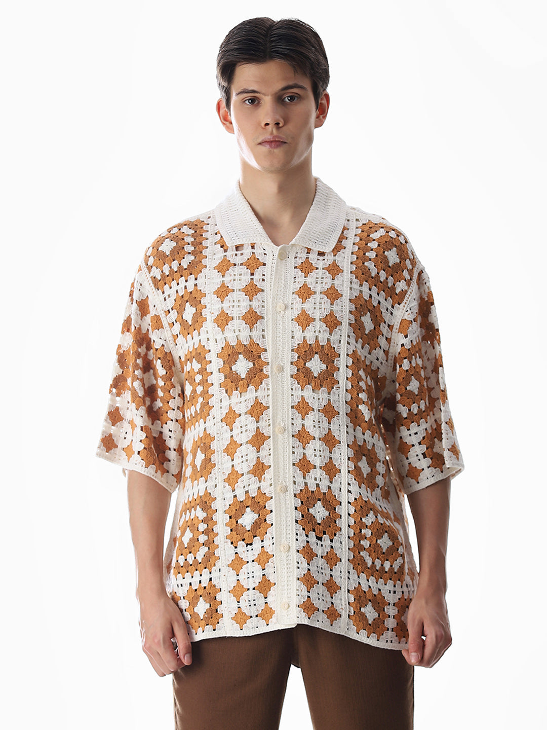 Beige Crochet Oversized Shirt