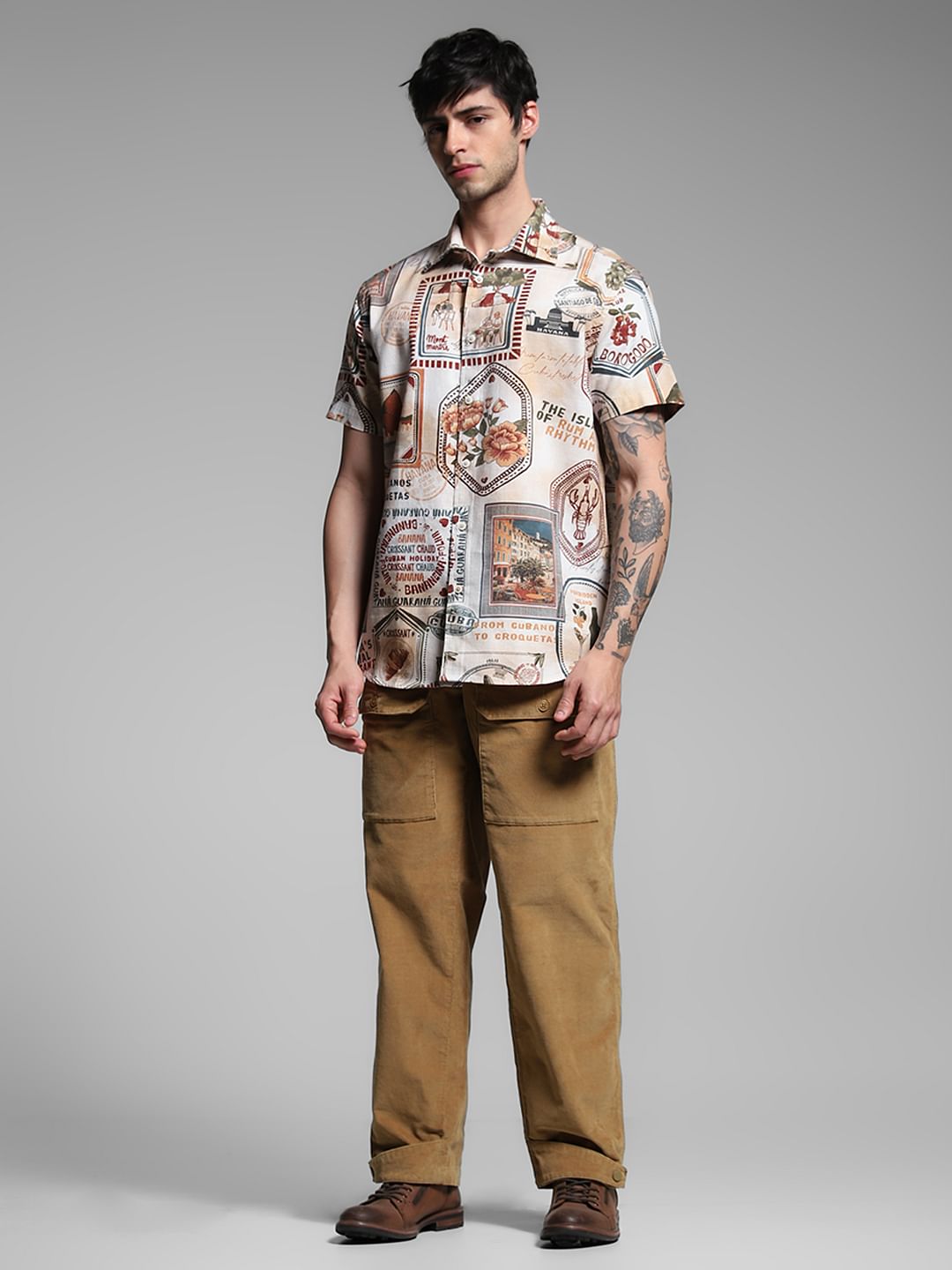 Brown Printed Dobby Shirt