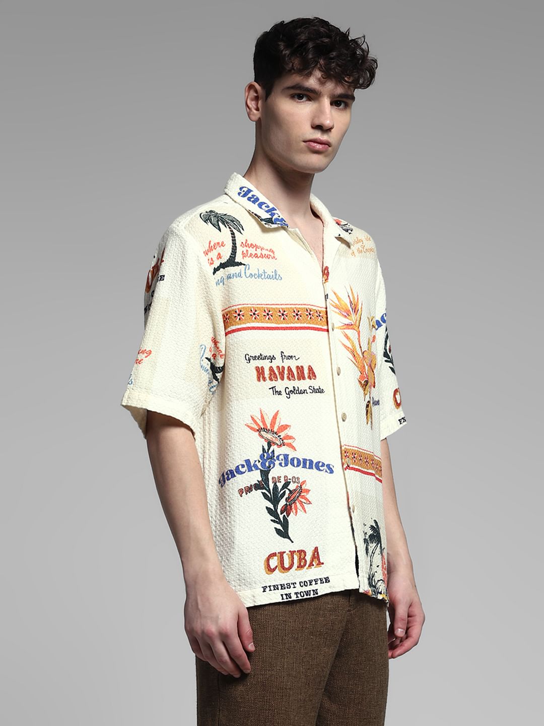 Cream Printed Cuban Collar Shirt