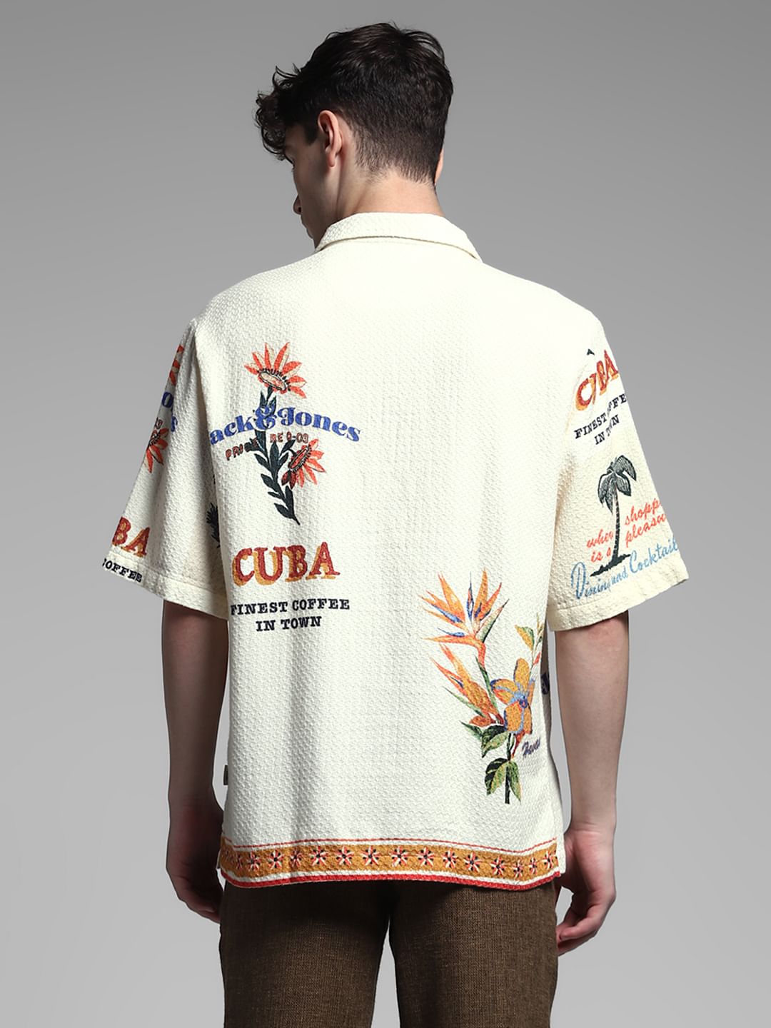 Cream Printed Cuban Collar Shirt