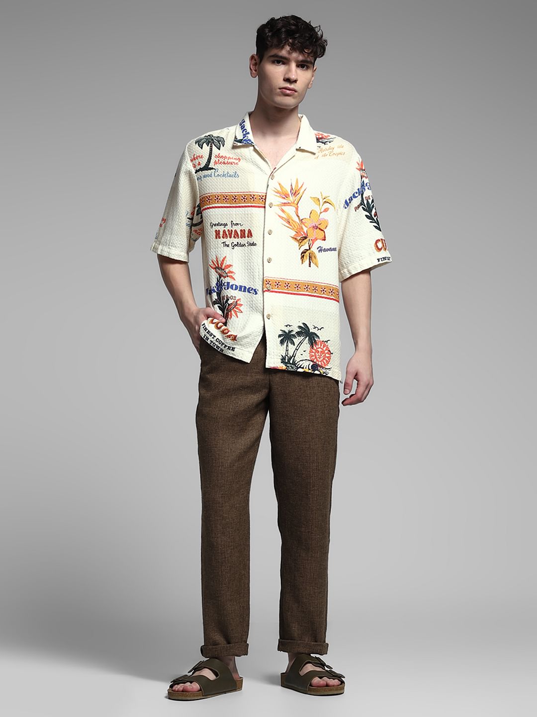 Cream Printed Cuban Collar Shirt