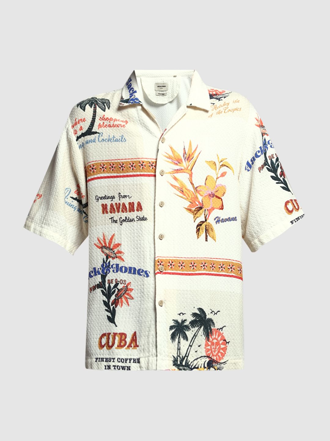 Cream Printed Cuban Collar Shirt