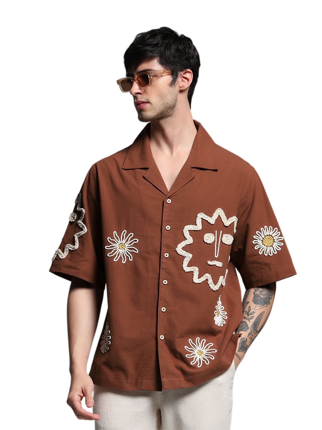 Brown Embroidered Oversized Shirt