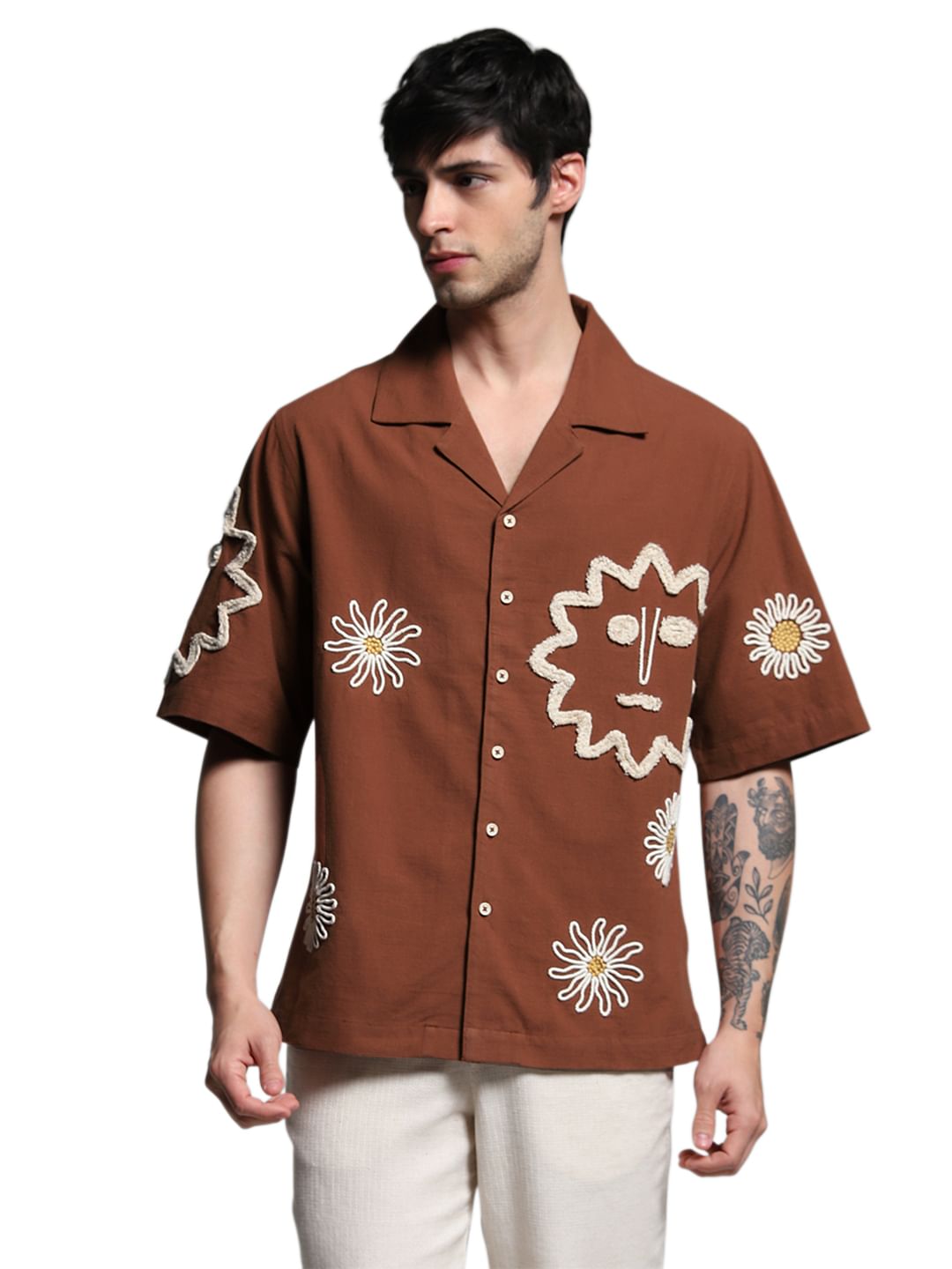 Brown Embroidered Oversized Shirt