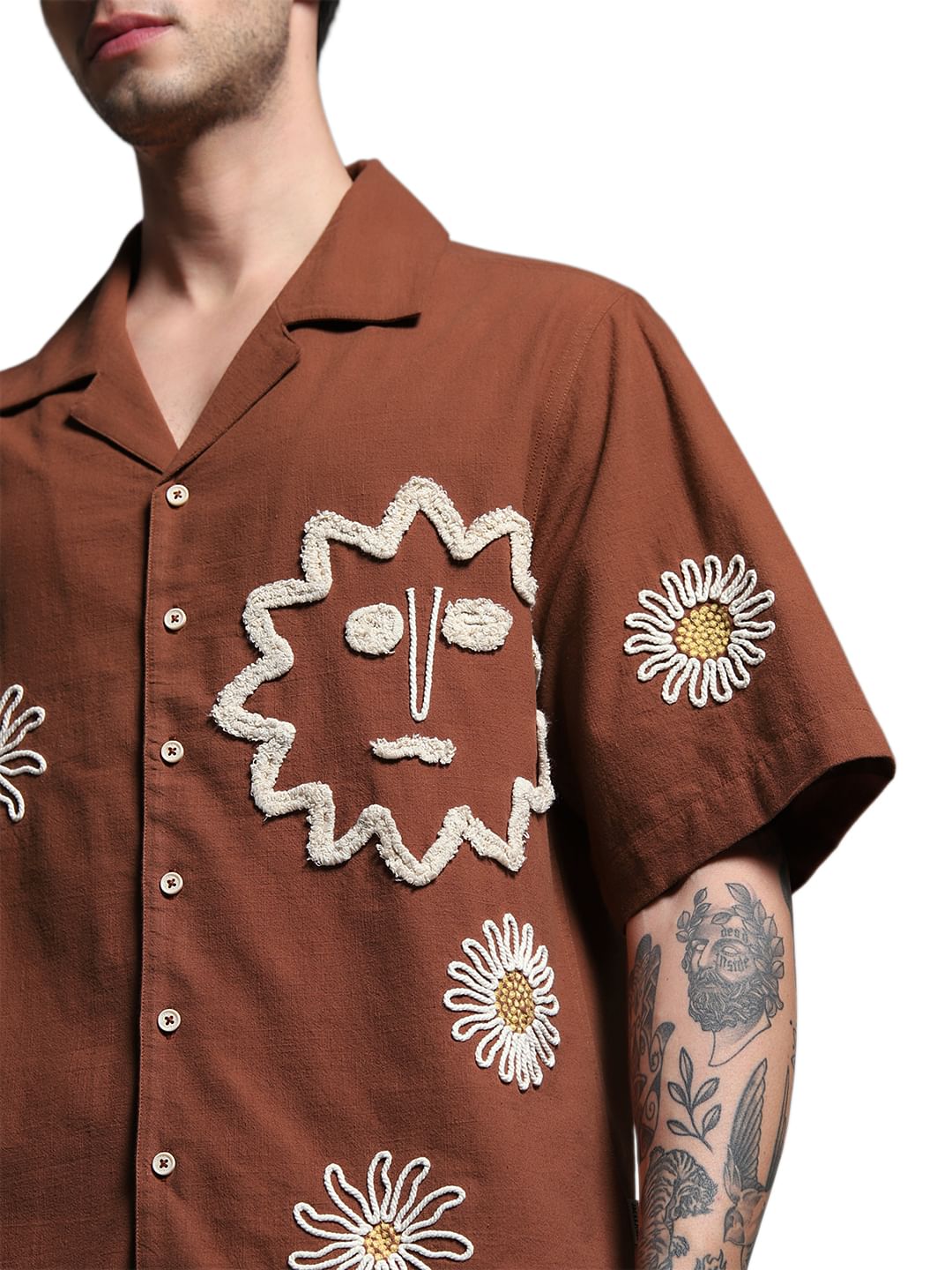 Brown Embroidered Oversized Shirt