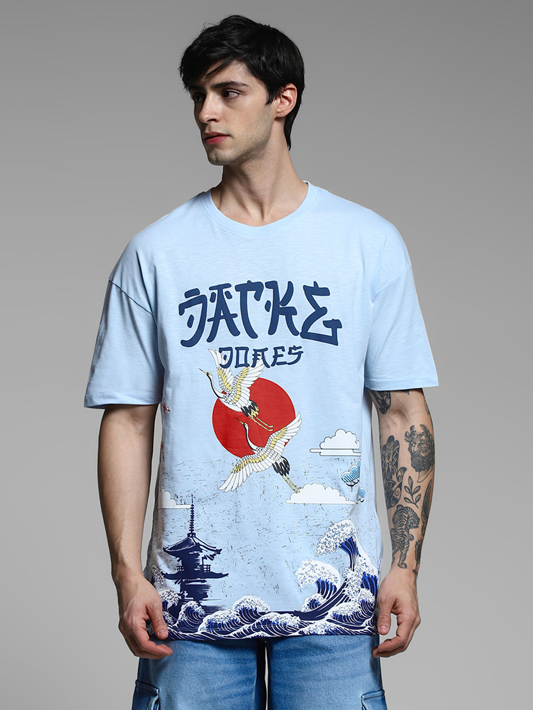 Blue Printed Cotton Oversized T-shirt
