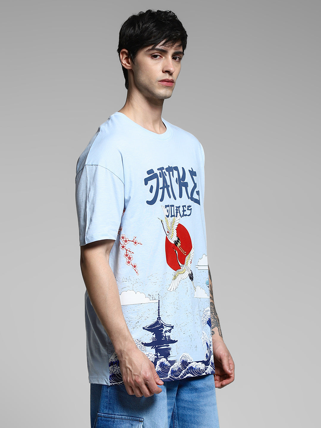 Blue Printed Cotton Oversized T-shirt