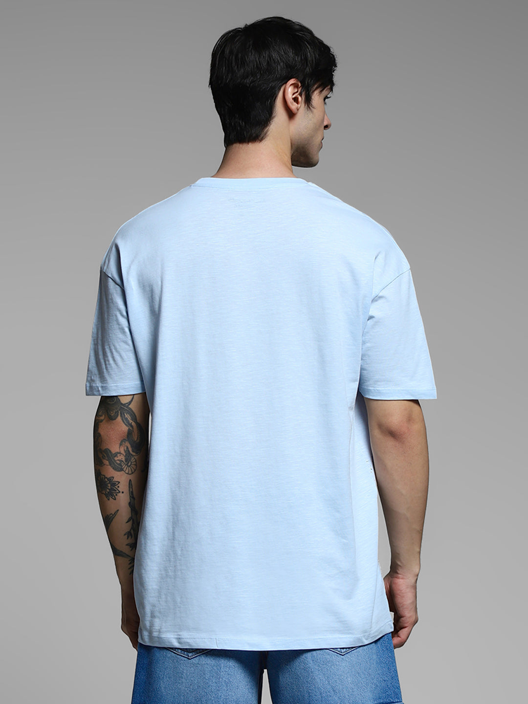 Blue Printed Cotton Oversized T-shirt