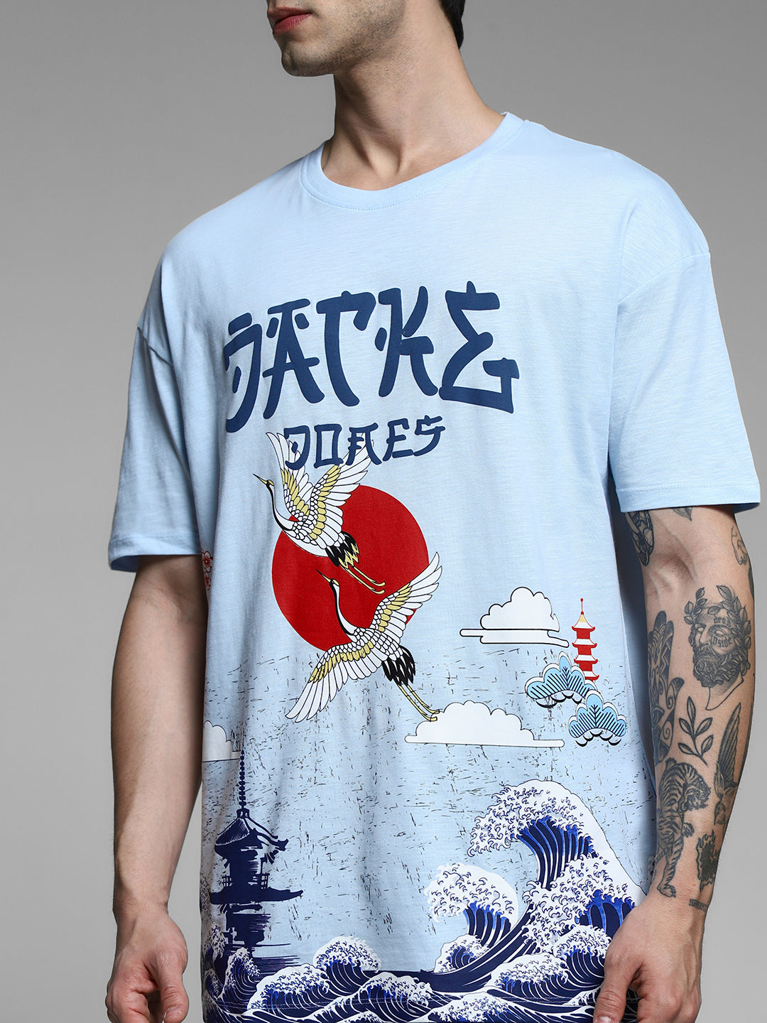 Blue Printed Cotton Oversized T-shirt