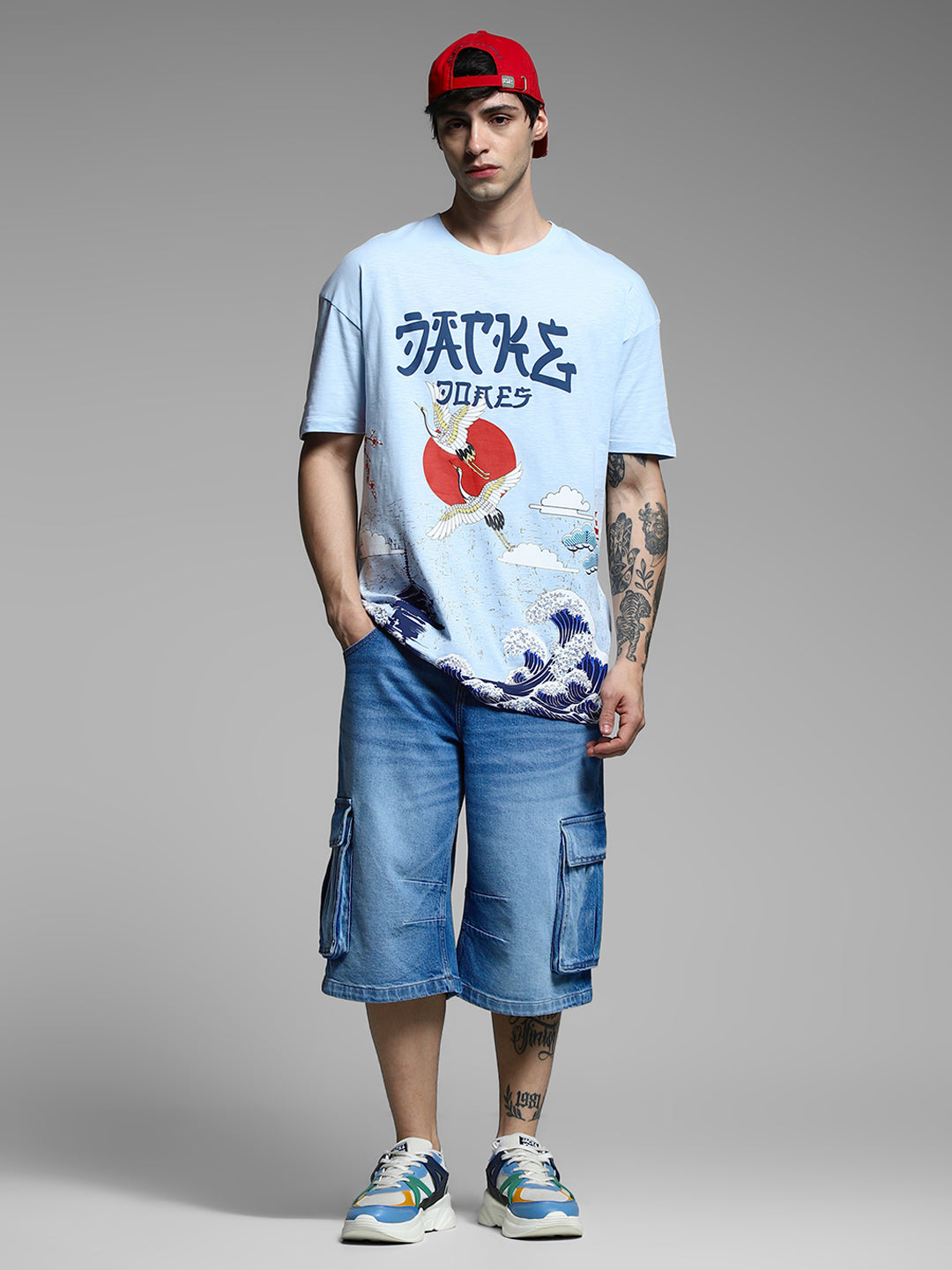 Blue Printed Cotton Oversized T-shirt