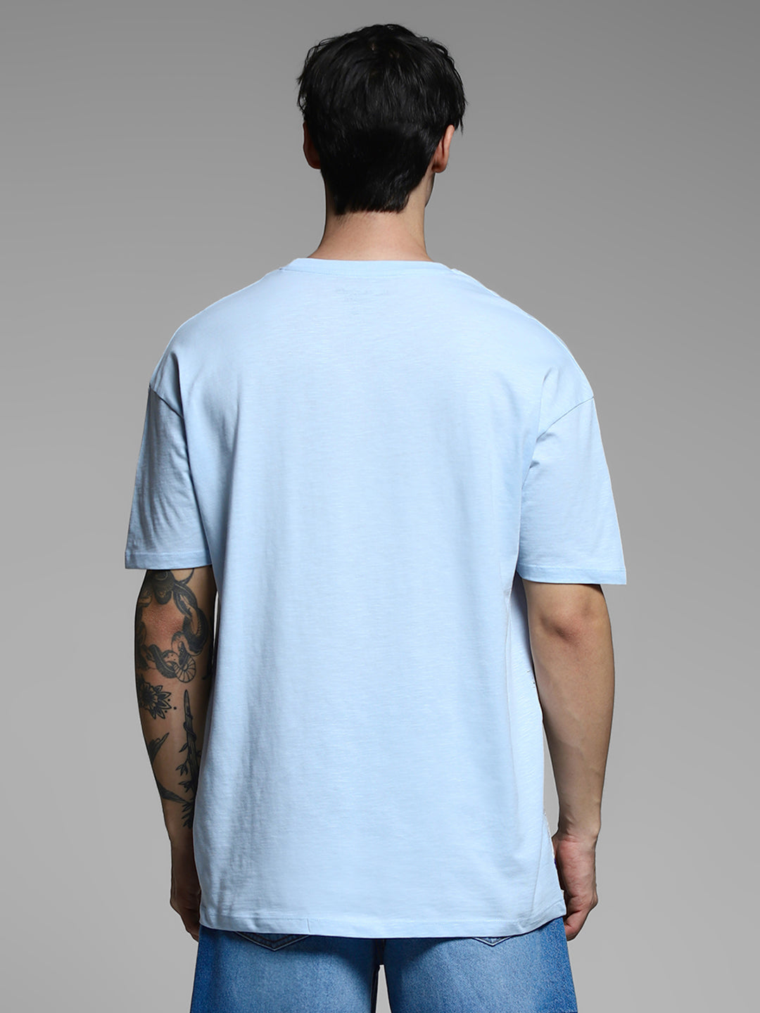 Blue Printed Cotton Oversized T-shirt