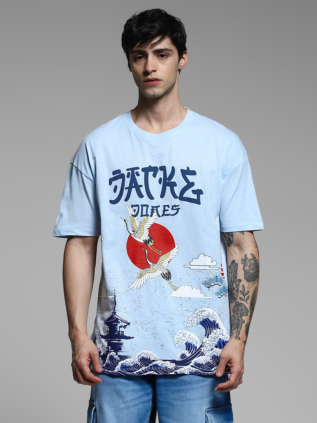 Blue Printed Cotton Oversized T-shirt