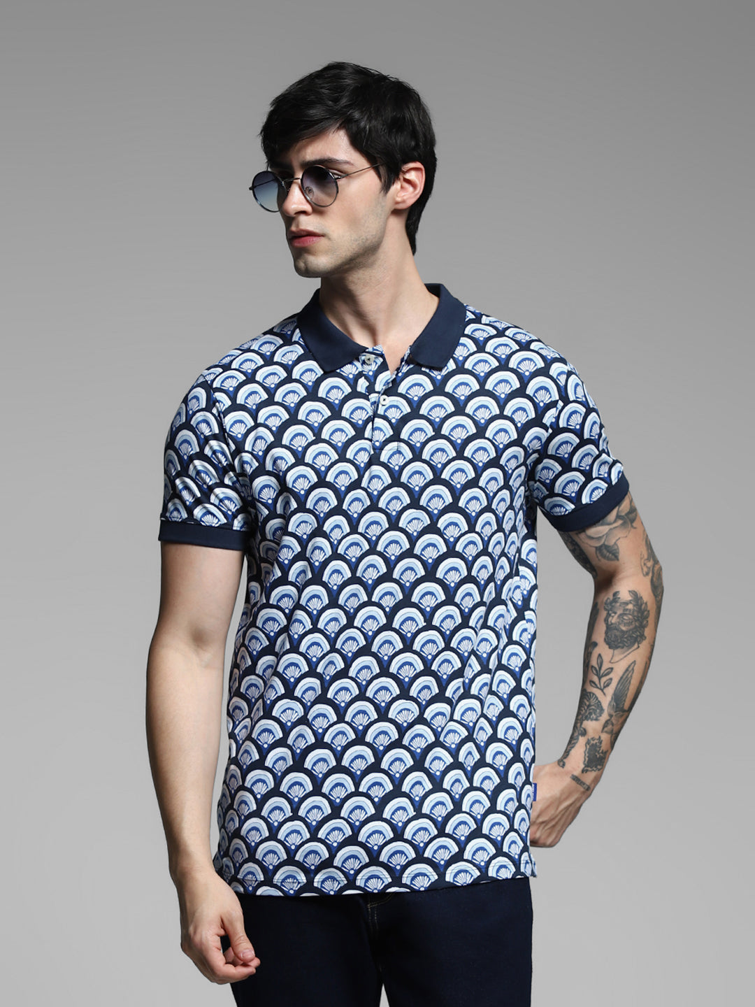 Navy Blue Printed Cotton Polo