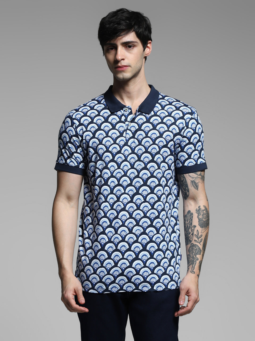 Navy Blue Printed Cotton Polo