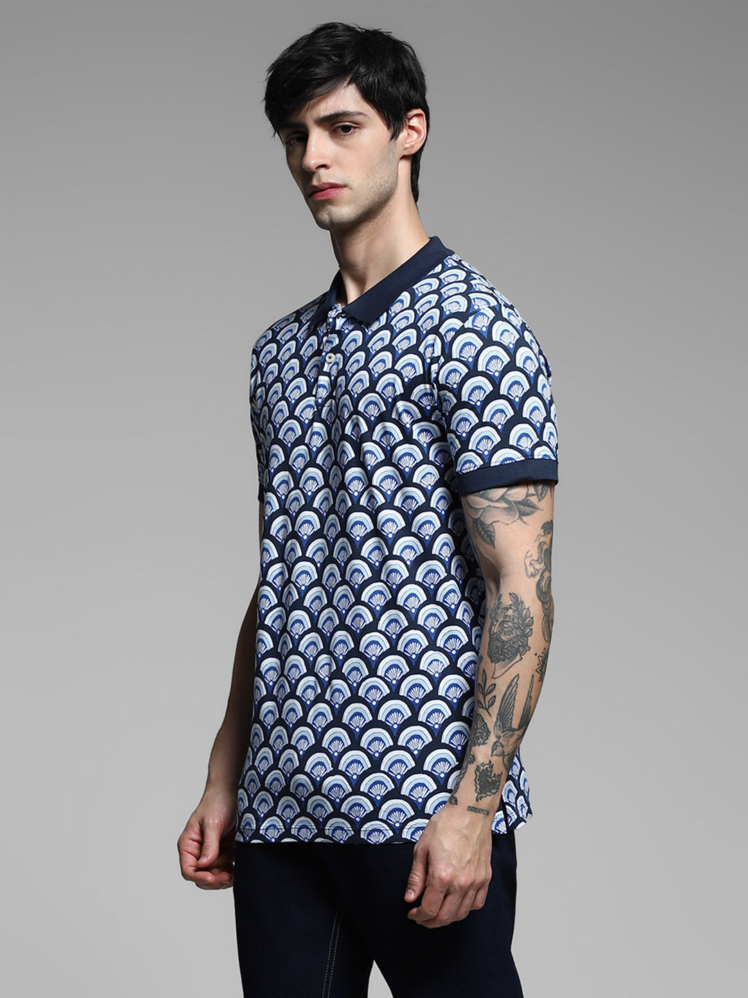 Navy Blue Printed Cotton Polo