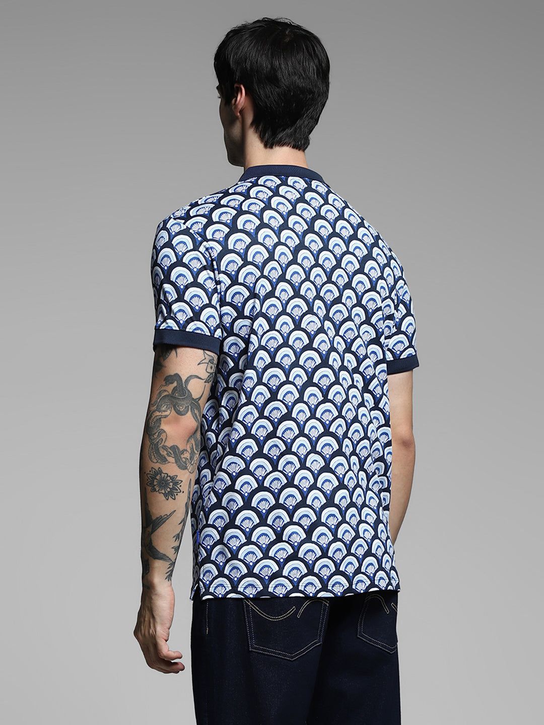 Navy Blue Printed Cotton Polo