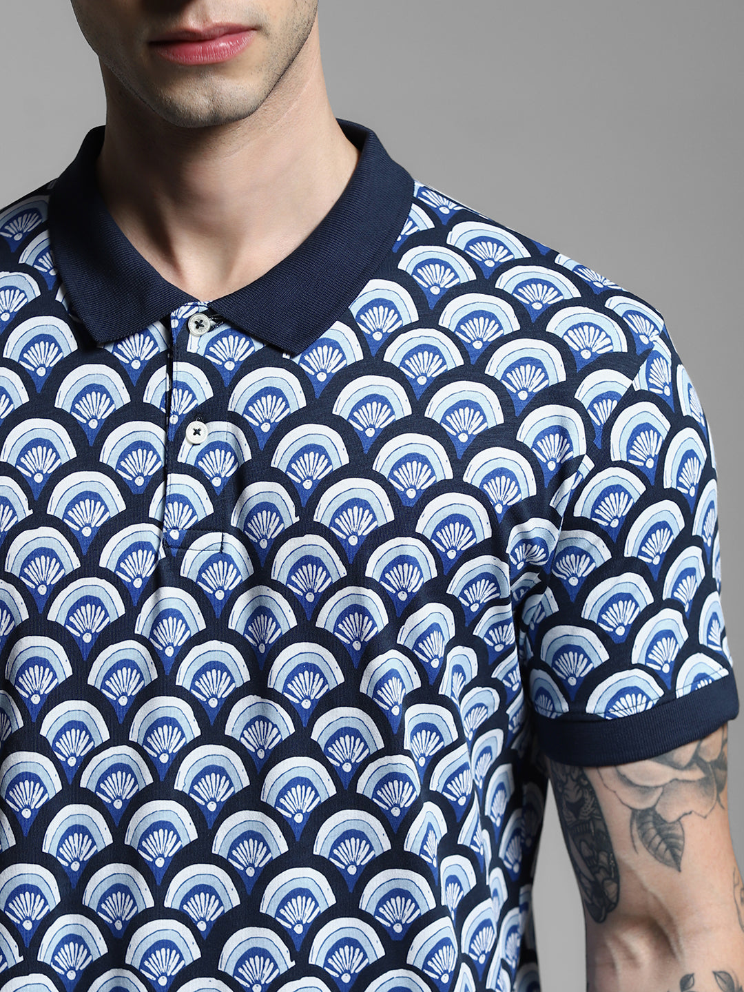Navy Blue Printed Cotton Polo