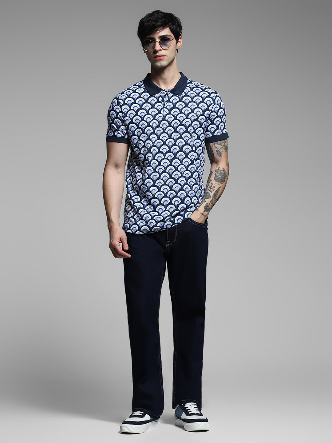 Navy Blue Printed Cotton Polo