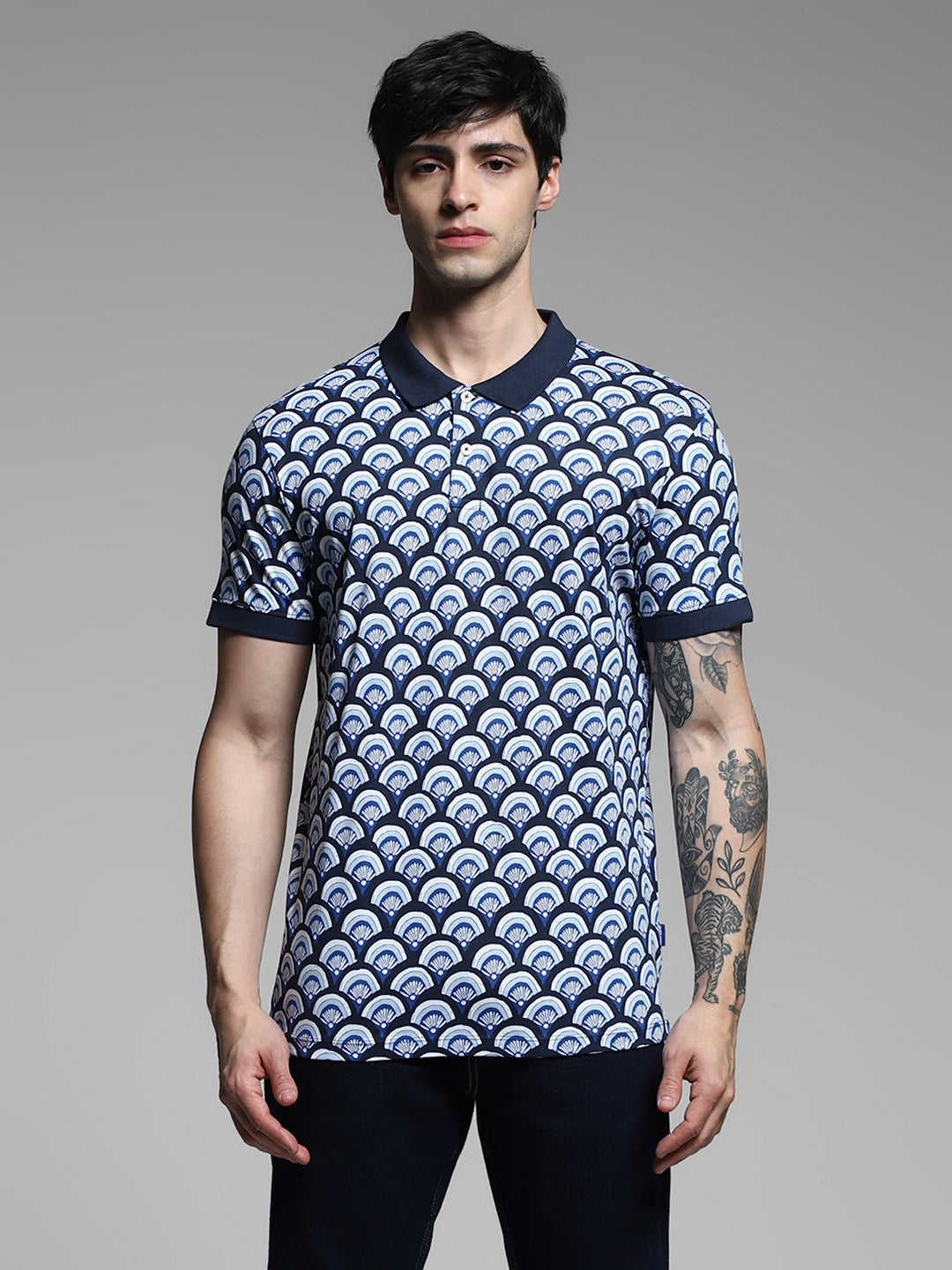 Navy Blue Printed Cotton Polo