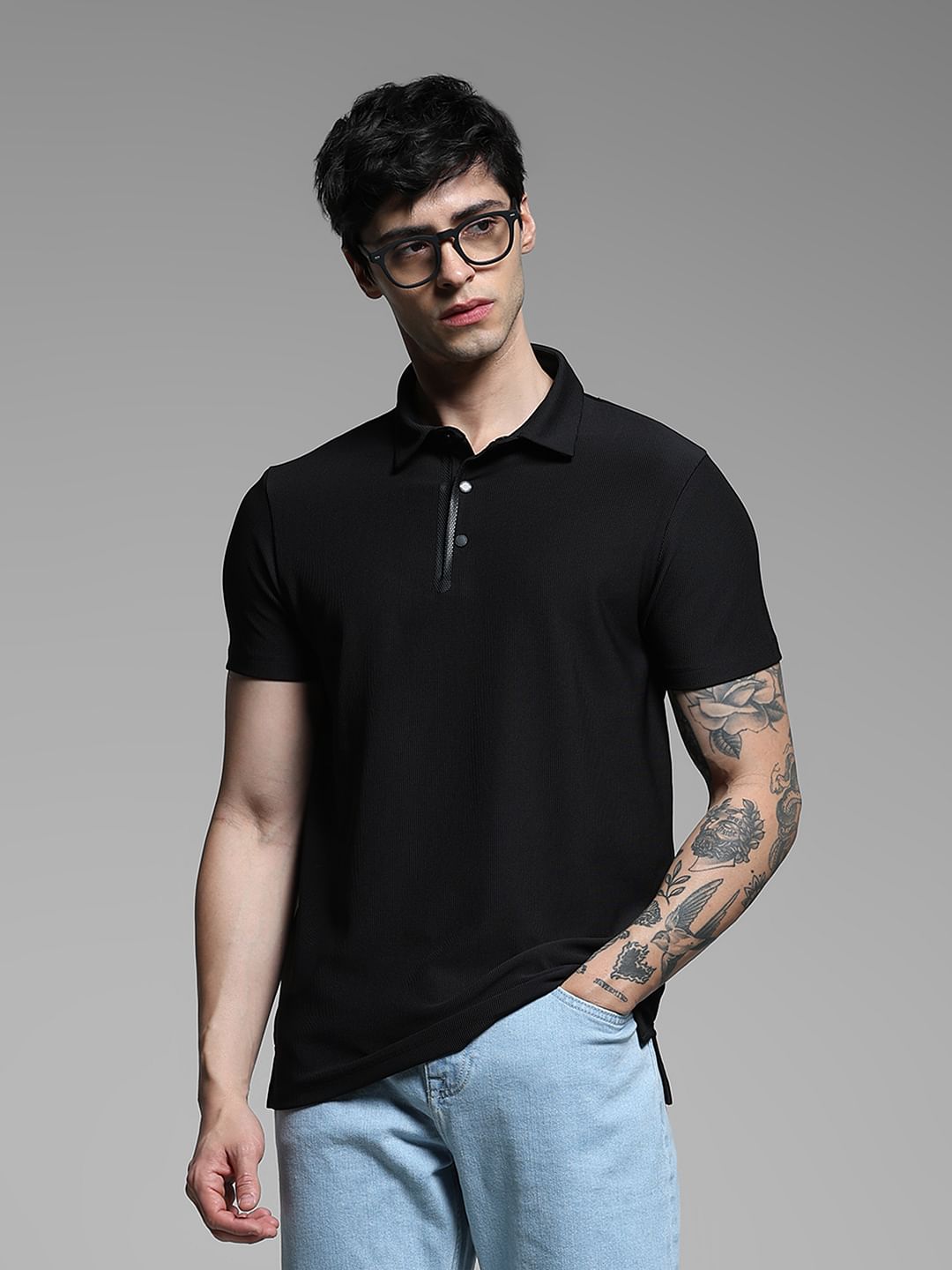 Black Ribbed Collar Cotton Polo