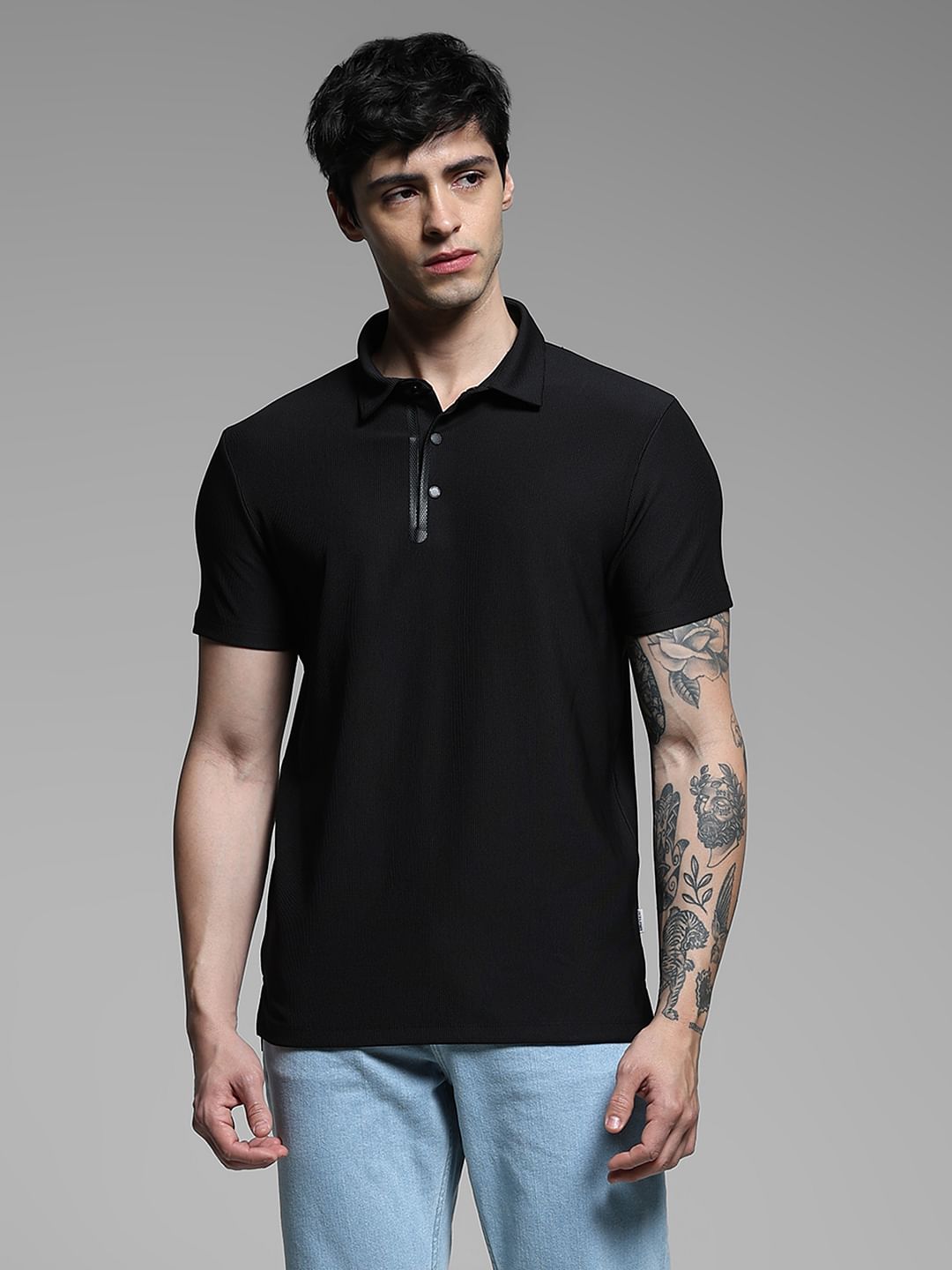 Black Ribbed Collar Cotton Polo