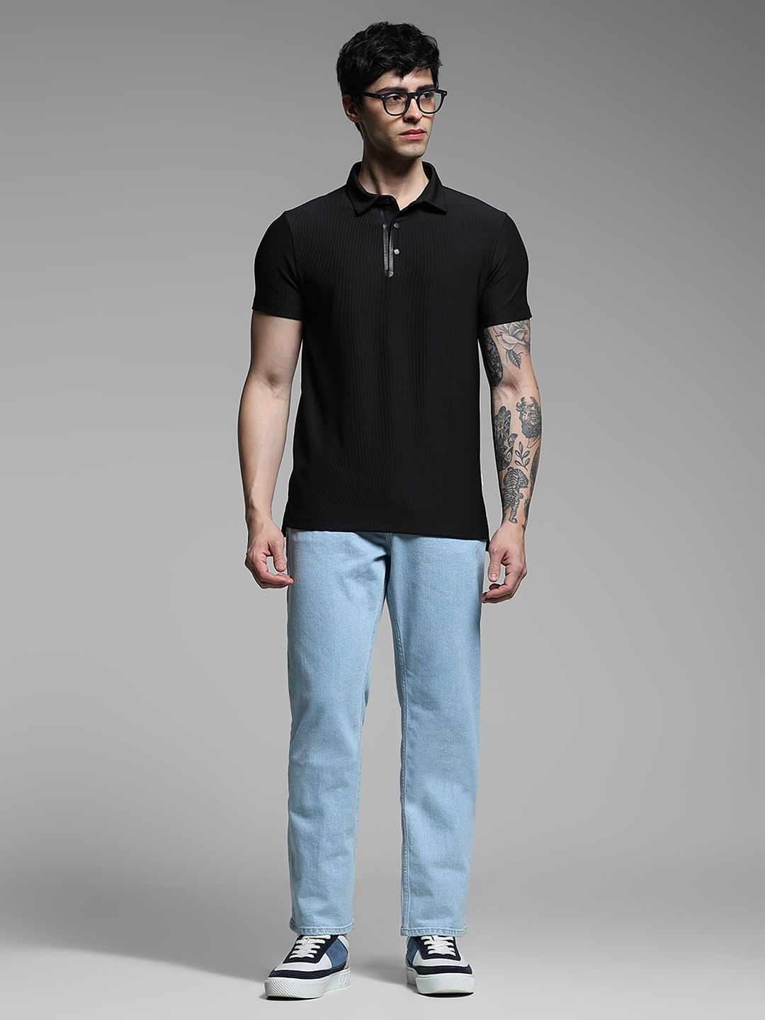 Black Ribbed Collar Cotton Polo
