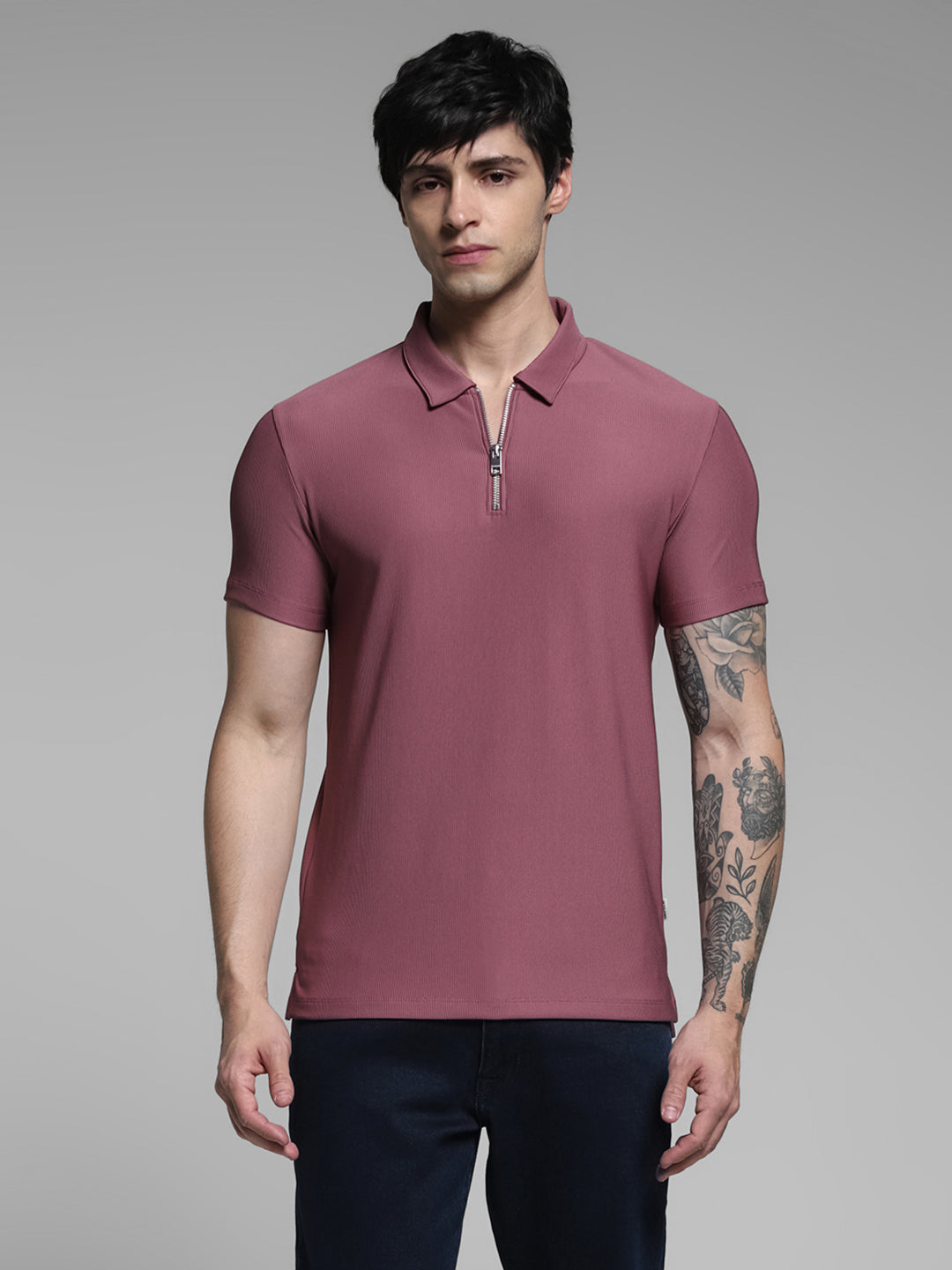 Purple Jacquard Zip Up Polo