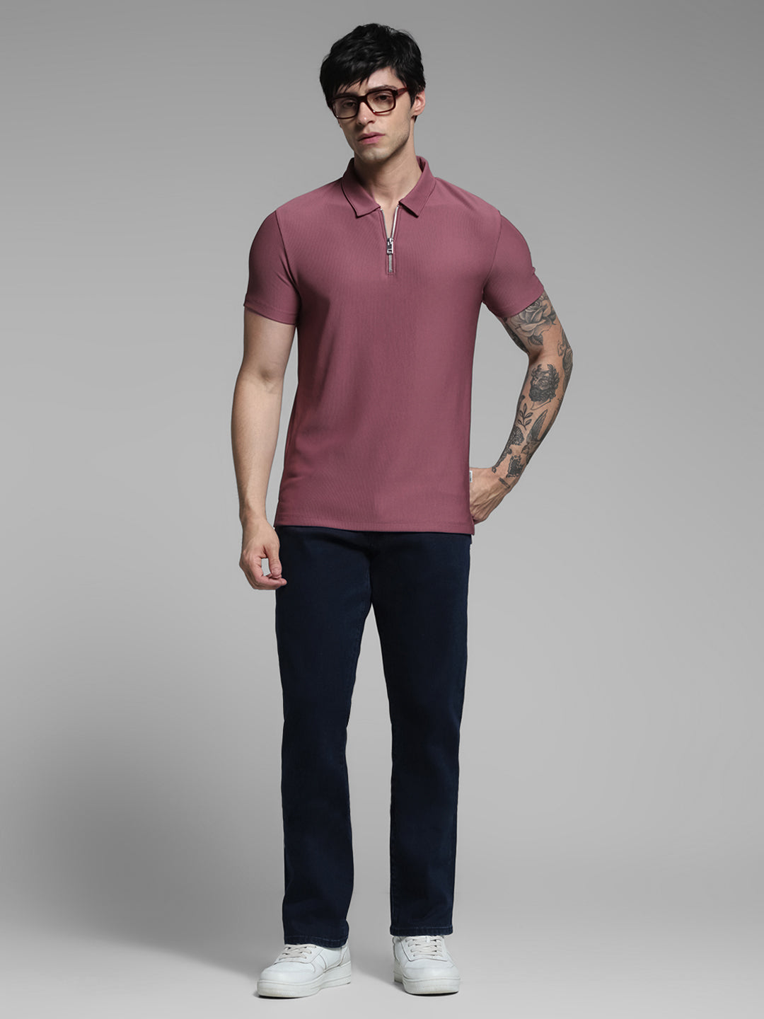 Purple Jacquard Zip Up Polo