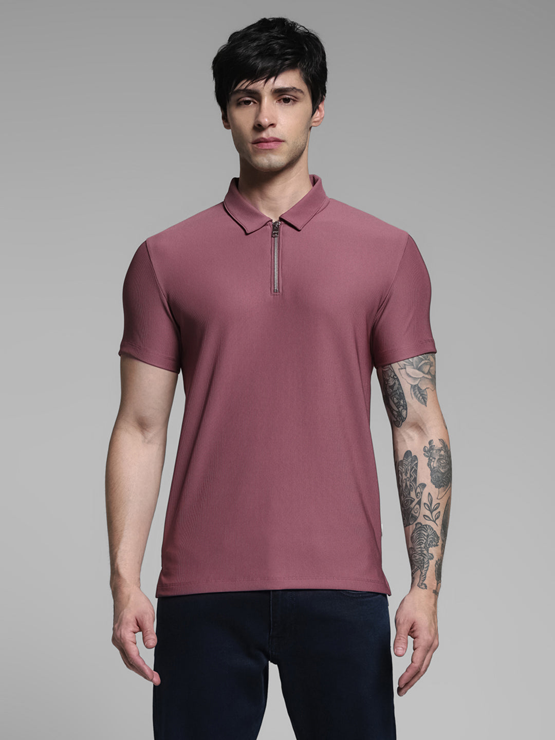 Purple Jacquard Zip Up Polo