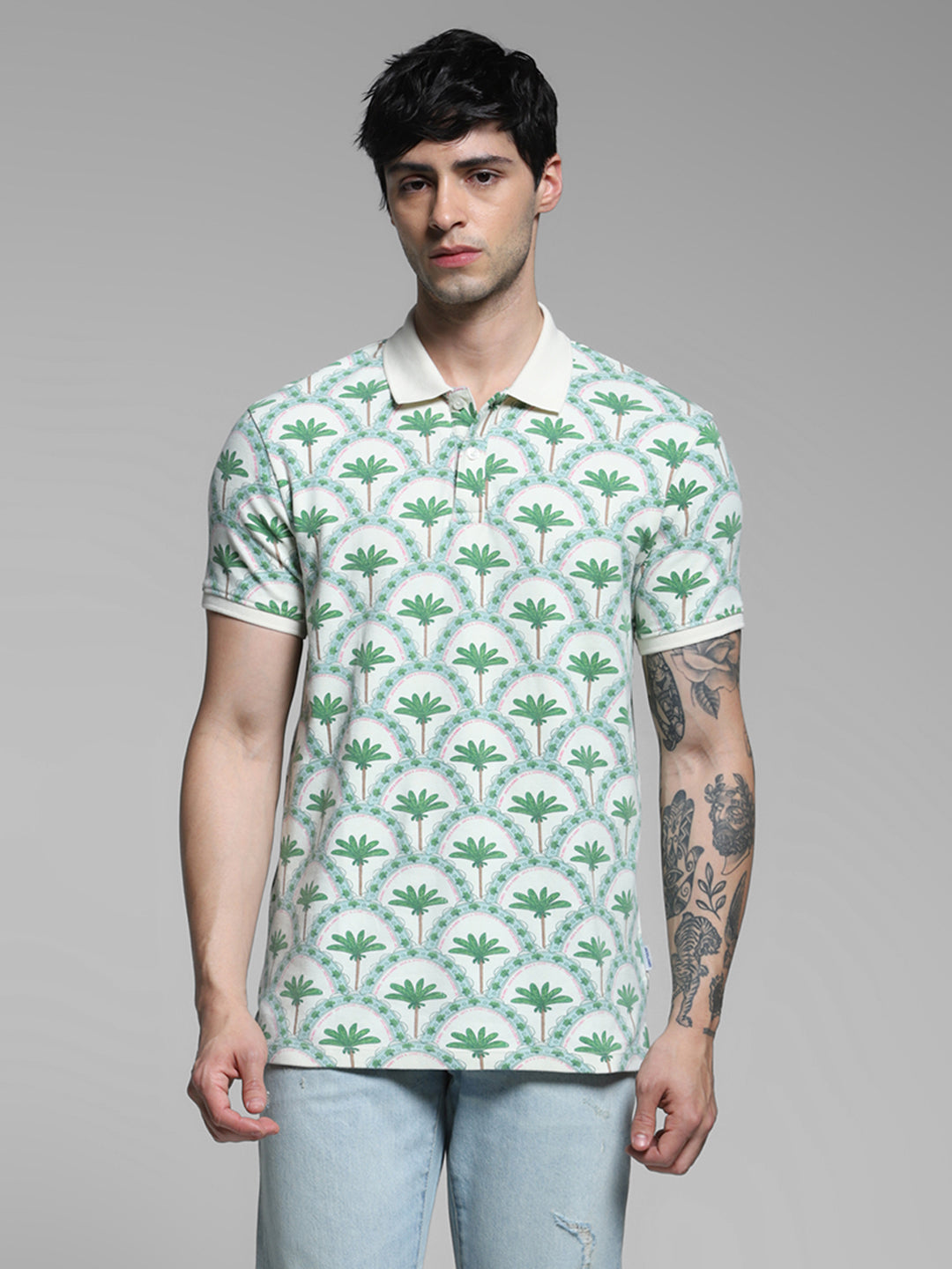Men Off White Cotton Tropical Print Regular Fit Polo T-Shirt