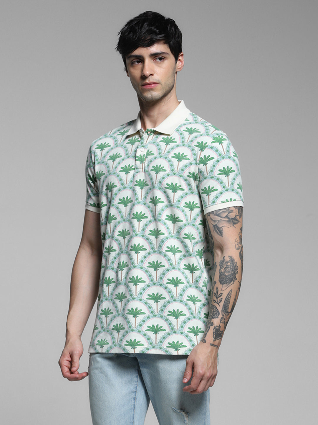 Men Off White Cotton Tropical Print Regular Fit Polo T-Shirt
