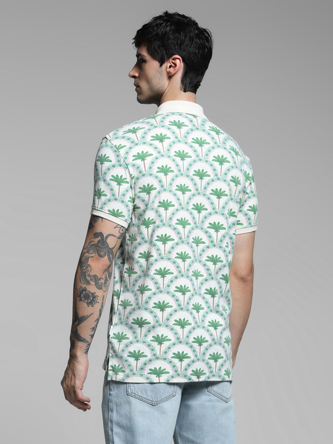 Men Off White Cotton Tropical Print Regular Fit Polo T-Shirt