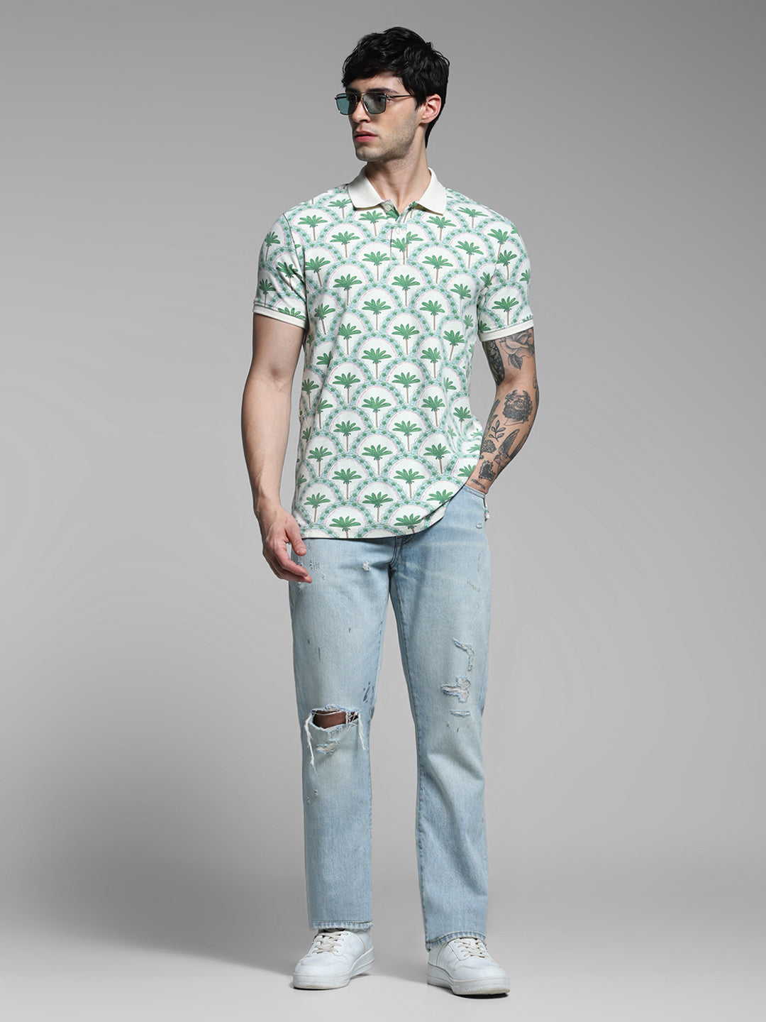 Men Off White Cotton Tropical Print Regular Fit Polo T-Shirt