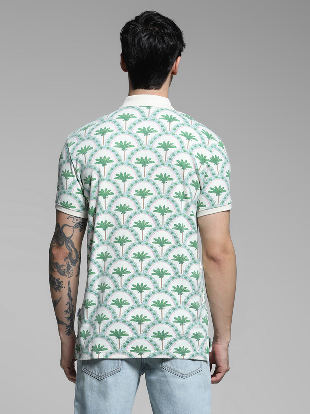 Men Off White Cotton Tropical Print Regular Fit Polo T-Shirt