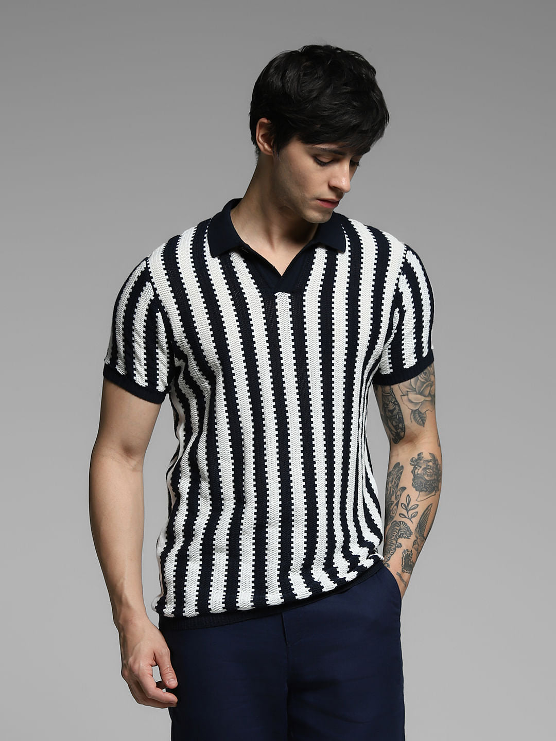 Navy Blue Striped Knitted Cotton Polo